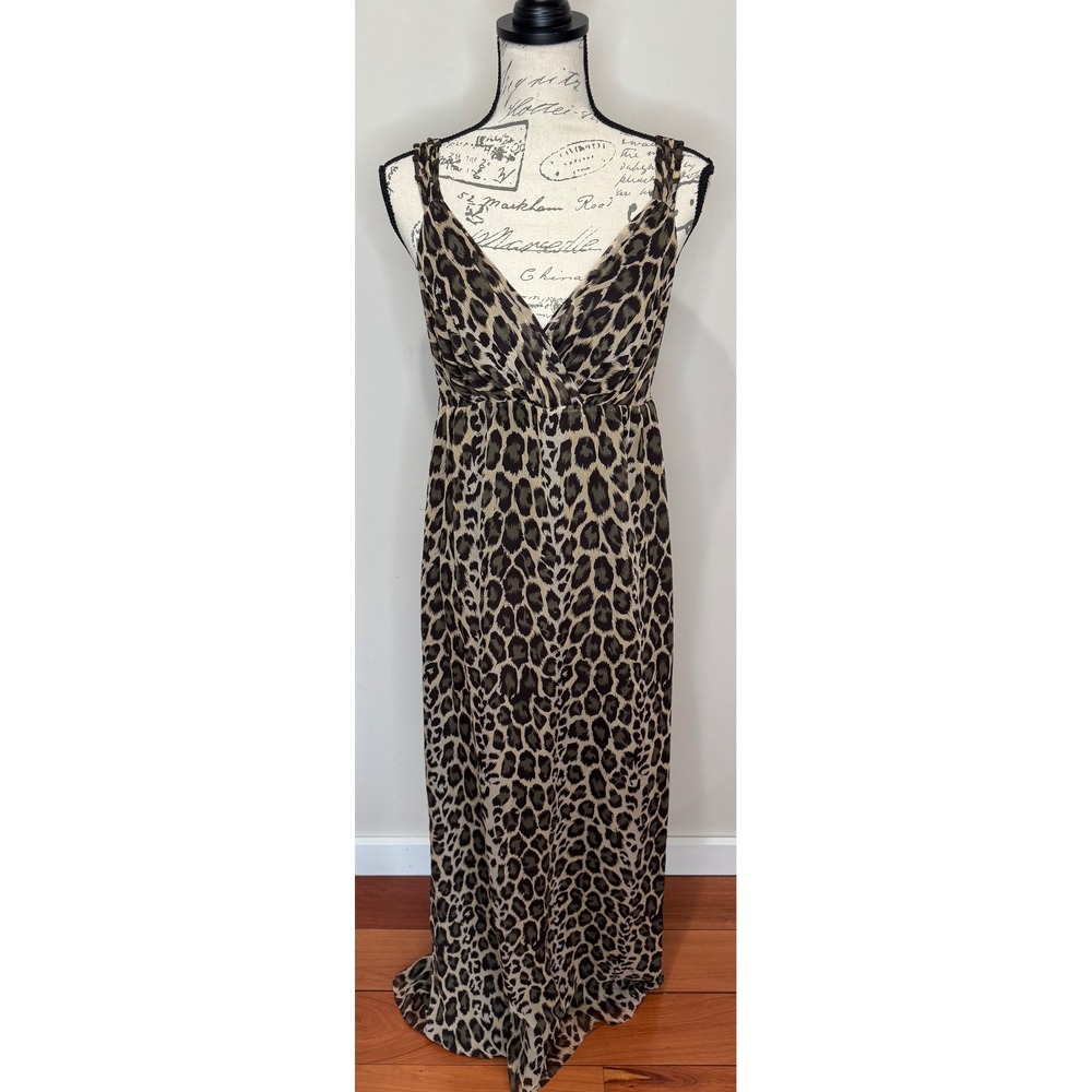 Y2K Arden B Leopard Print Silk Maxi Dress Sz 6 Brown Tan Green Gold